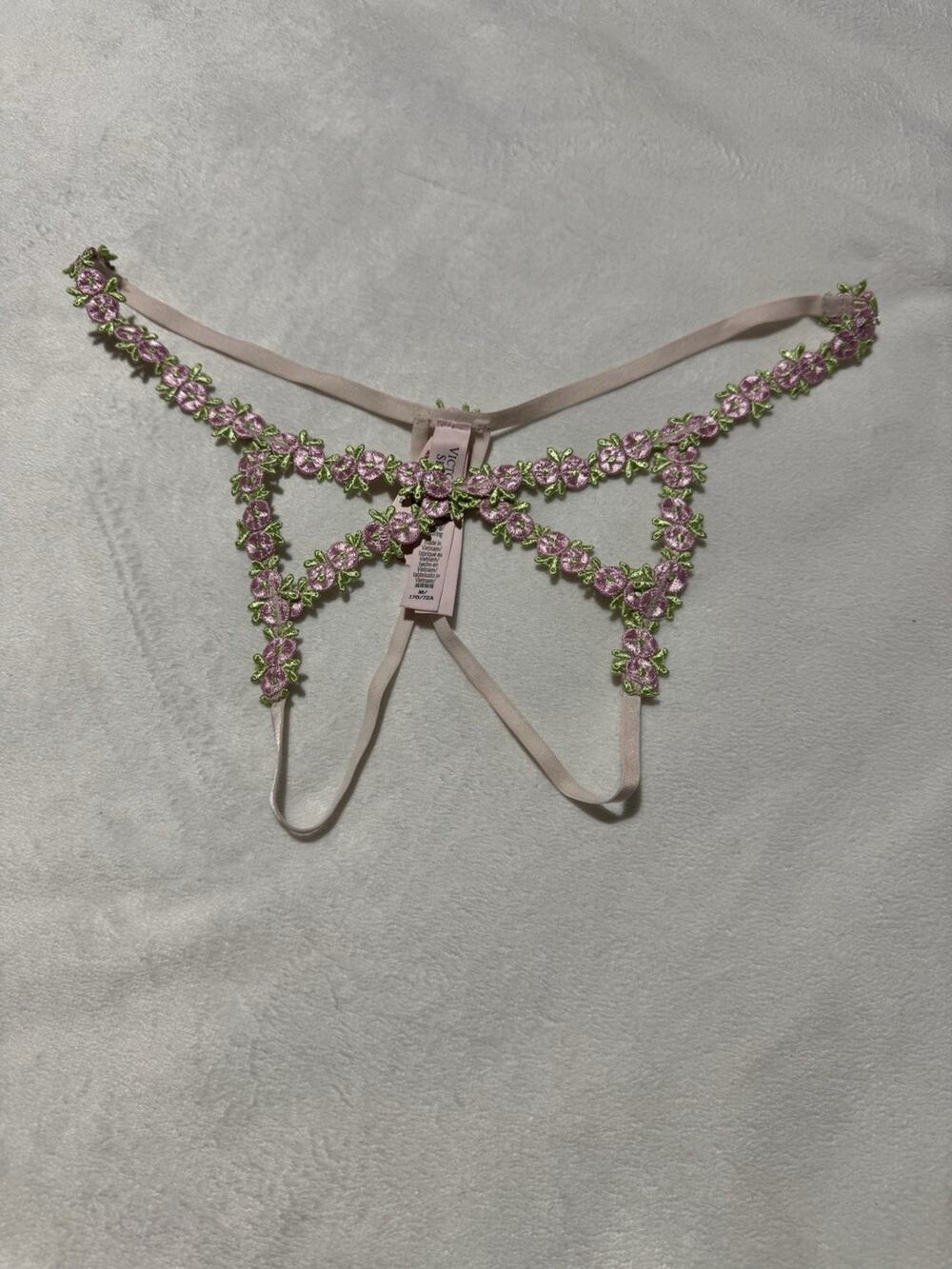 Victoria's Secret Pink Floral Embroidered Butterfly Thong Panty NWT Medium